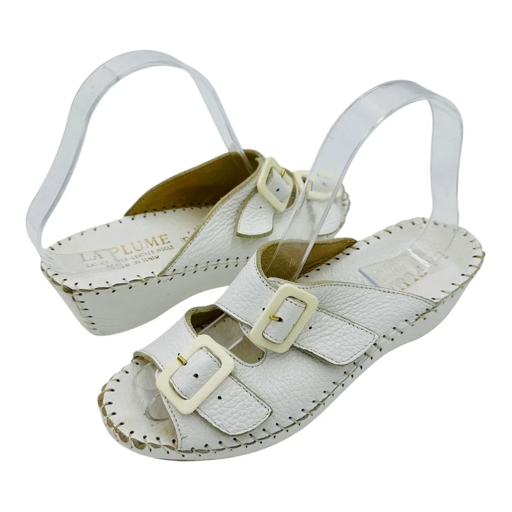 La Plume Jen White Leather Wedge Comfort Slide Sandals EUC Women's US 7.5 EU 38